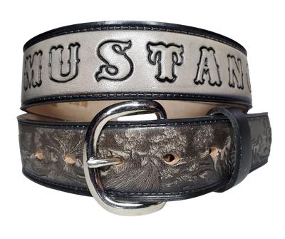  The Wild Horses leather belt is a 3 Horses Pattern in a Two Tone Black color. Perfect the Horse lover in your family. Available in a 1 1/2" width. Full grain vegetable tanned cowhide, Width 1 1/2" and includes Nickle plated  buckle Smooth burnished painted edges. Made in USA! For name Type name desired on belt in "Type Name Here" section, no more than 8 LETTERS maximum on this PARTICULAR belt. Buckle snaps in place for easy changing if desired. In stock at our Smyrna, TN shop.
