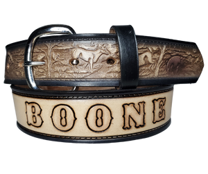 The Outdoorsmen leather belt is a classic Outdoors Pattern with DEER. HOGS, and BASS. perfect the Hunter in your family. Available in a 1 1/2" width. Full grain vegetable tanned cowhide, Width 1 1/2" and includes Nickle plated  buckle Smooth burnished painted edges. Made in USA! For name Type name desired on belt in "Type Name Here" section, no more than 8 LETTERS maximum on this PARTICULAR belt. Buckle snaps in place for easy changing if desired. In stock at our Smyrna, TN shop.