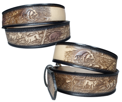 The Hunter leather belt is a classic Outdoors Pattern with DEER. HOGS, and BASS. perfect the Hunter in your family. Available in a 1 1/2" width. Full grain vegetable tanned cowhide, Width 1 1/2" and includes Nickle plated  buckle Smooth burnished painted edges. Made in USA! For name Type name desired on belt in "Type Name Here" section, no more than 8 LETTERS maximum on this PARTICULAR belt. Buckle snaps in place for easy changing if desired. In stock at our Smyrna, TN shop.