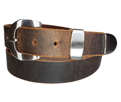 "The Arrington" handmade all leather belt is made from a single strip of Veg-Tan Distressed Water Buffalo that is 8-10 oz., or approx. 1/8" thick.  It has a 3 piece Antique Nickle plated over brass buckle with unique NO PIN for the adjustment hole that is never out of style!  The buckle is snapped in place if you ever want to change. This 1 1/4" belt is made just outside Nashville in Smyrna, TN. Perfect for casual and dress wear, it can be for personal use or for groomsman gifts or other gifts as well. 