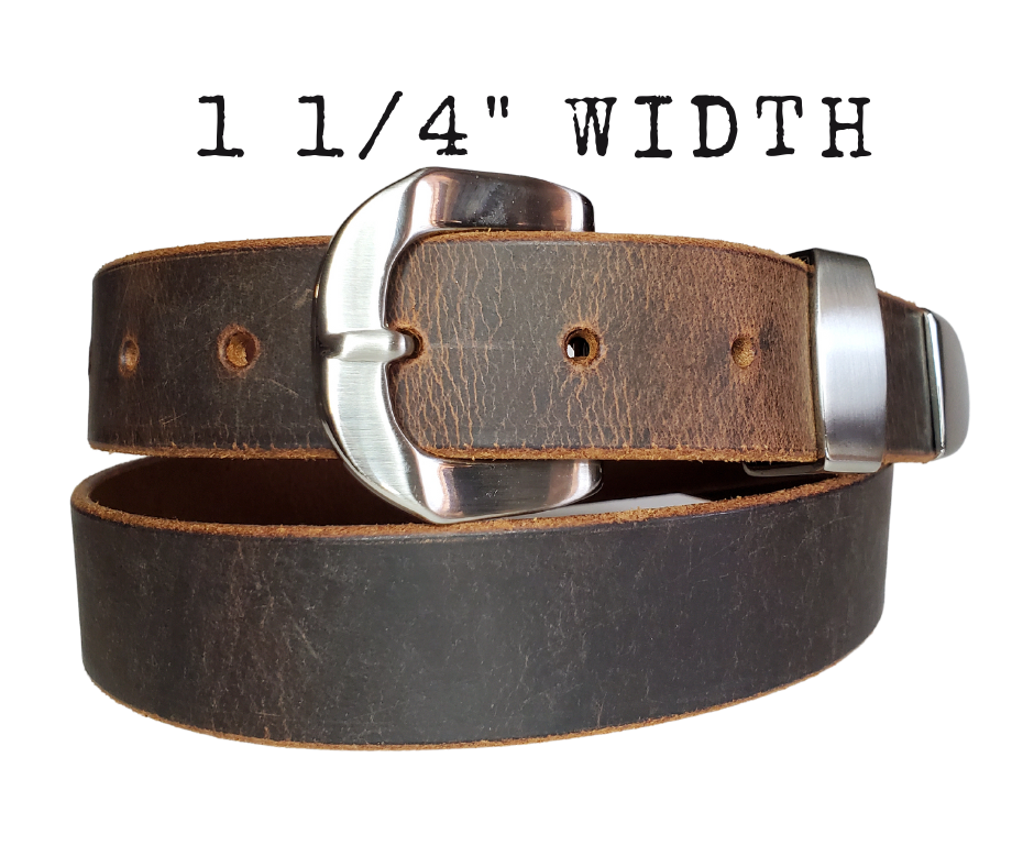 "The Arrington" handmade all leather belt is made from a single strip of Veg-Tan Distressed Water Buffalo that is 8-10 oz., or approx. 1/8" thick.  It has a 3 piece Antique Nickle plated over brass buckle with unique NO PIN for the adjustment hole that is never out of style!  The buckle is snapped in place if you ever want to change. This 1 1/4" belt is made just outside Nashville in Smyrna, TN. Perfect for casual and dress wear, it can be for personal use or for groomsman gifts or other gifts as well. 