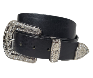 This belt can be part of that journey. Made from our softer leather yet still with some stability. Complete with a Rhinestone 3 piece buckle set on a 1 1/2" wide leather belt strap with snaps if you would want to change to another buckle at some point. Be aware these kind of "flashy" inexpensive belts you see in most stores are made from man-made faux material and will not last, this is a "real" leather belt! Made in our Smyrna, TN shop just outside of Nashville.