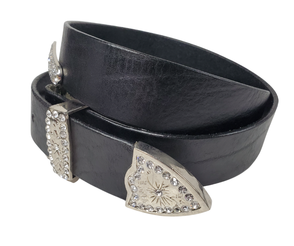 This belt can be part of that journey. Made from our softer leather yet still with some stability. Complete with a Rhinestone 3 piece buckle set on a 1 1/2" wide leather belt strap with snaps if you would want to change to another buckle at some point. Be aware these kind of "flashy" inexpensive belts you see in most stores are made from man-made faux material and will not last, this is a "real" leather belt! Made in our Smyrna, TN shop just outside of Nashville.