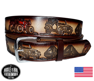 This USA made veg-tan leather belt is approx. 1/8" thick, 1 1/2"width with no fillers to split or rip apart. The belt features 4 wheel drive trucks, a well known BRAND of 4 wheel drive we cannot name along with 4x4 around the entire belt. The leather is comfortable from day one   Buckle is snapped on for easy buckle change. Colors may vary do to the manufacturing process. We don't make this belt but it's Buckle and Hide approved and still made in the USA. There is not a NAME option on this belt.