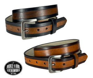 The Winchester handmade all leather belt is made from a single strip of Veg-Tan cowhide that is a hand finished Veg-tan that is 9-10 oz., or approx. 1/8" thick.  It has a basic Border design that is never out of style!  The antique nickel plated solid brass buckle is snapped in place. This belt is made just outside Nashville in Smyrna, TN. Perfect for casual and dress wear, it can be for personal use or for groomsman gifts or other gifts as well.  Please choose your Width 1 1/4" or 1 1/2" 