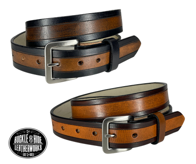 The Winchester handmade all leather belt is made from a single strip of Veg-Tan cowhide that is a hand finished Veg-tan that is 9-10 oz., or approx. 1/8" thick.  It has a basic Border design that is never out of style!  The antique nickel plated solid brass buckle is snapped in place. This belt is made just outside Nashville in Smyrna, TN. Perfect for casual and dress wear, it can be for personal use or for groomsman gifts or other gifts as well.  Please choose your Width 1 1/4" or 1 1/2" 