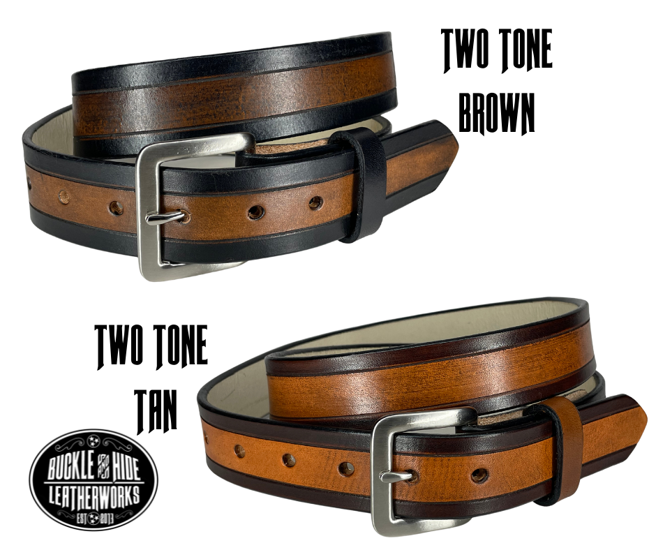 The Winchester handmade all leather belt is made from a single strip of Veg-Tan cowhide that is a hand finished Veg-tan that is 9-10 oz., or approx. 1/8" thick.  It has a basic Border design that is never out of style!  The antique nickel plated solid brass buckle is snapped in place. This belt is made just outside Nashville in Smyrna, TN. Perfect for casual and dress wear, it can be for personal use or for groomsman gifts or other gifts as well.  Please choose your Width 1 1/4" or 1 1/2" 
