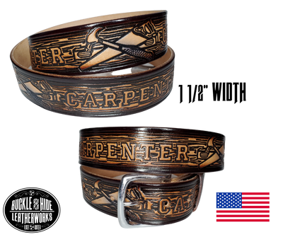 Our Trades belt/buckle is very similar to our own belts made in our shop.... the same type of Veg-Tan leather, same thickness, we just don't make them. These are less hand made using machines to speed up the process but still Buckle and Hide approved. This USA made veg-tan leather belt is approx. 1/8" thick, 1 1/2"width with no fillers to split or rip apart. The belt features Carpenter tools such as Saw's and Hammers around the entire belt.  Buckle is snapped on for easy buckle change. 