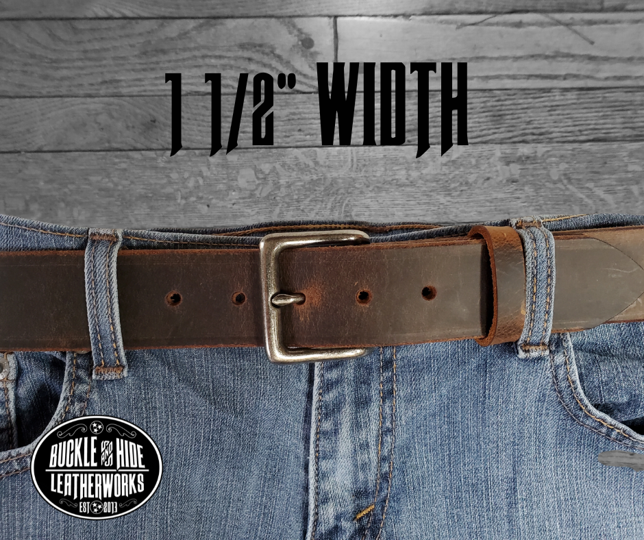 This brown leather belt is made from Crazy Horse tanned leather for that distressed and pull-up look. The edges are beveled and left raw for a contrasting look. It has an antique nickel coated solid brass buckle that is snapped in place. Belt is 1 1/2" wide and available in lengths from 34" to 44".  It is handmade in our shop in Smyrna, TN, just outside of Nashville. Choose Plain or Embossed Stitch pattern.