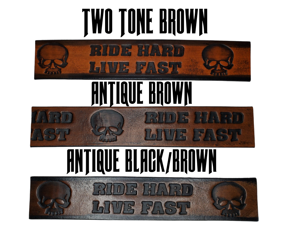 "The Daytona" is a handmade real leather belt made from a single strip of cowhide shoulder leather that is 8-10 oz. or approx. 1/8" thick. It has hand burnished (smoothed) edges and features the mantra "RIDE HARD LIVE FAST" and an HD Skull pattern down the center. This belt is completely HAND dyed with a multi step finishing technic. The antique nickel plated solid brass buckle is snapped in place with heavy snaps.  This belt is made just outside Nashville in Smyrna, TN.
