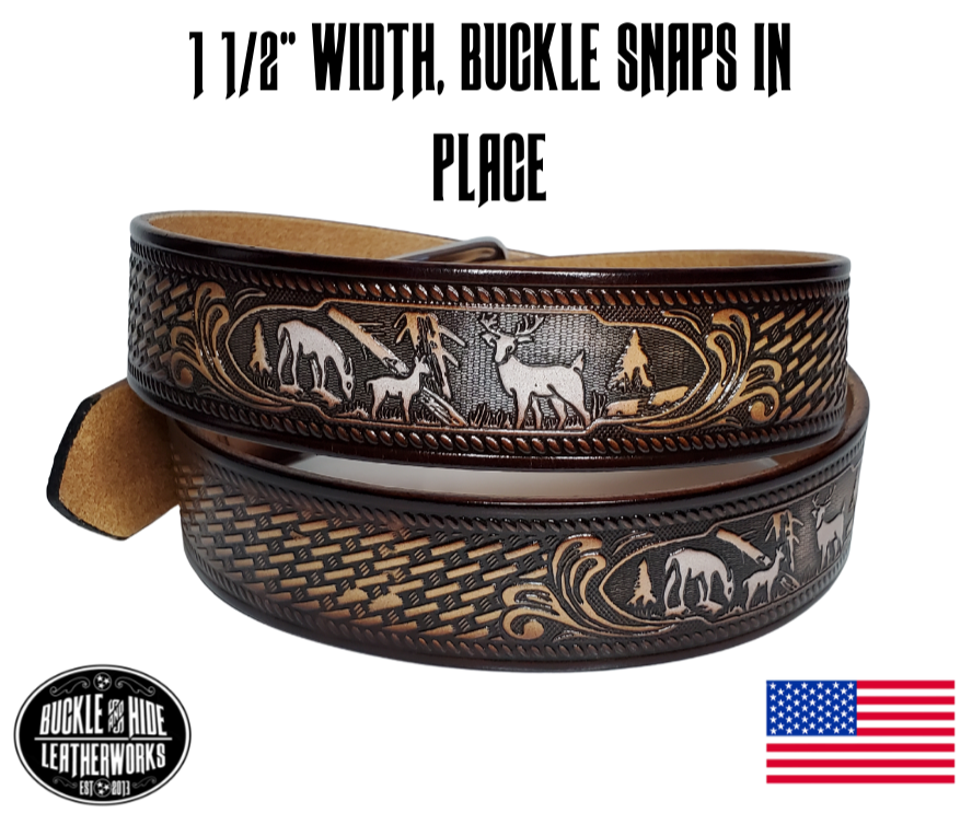 This USA made veg-tan leather belt is approx. 1/8" thick, 1 1/2"width with no fillers to split or rip apart. The belt features a scene of a Deer Family framed with a Basket weave pattern  around the entire belt. The leather is comfortable from day one   Buckle is snapped on for easy buckle change. We don't make this belt but it's Buckle and Hide approved and still made in the USA.