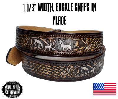 This USA made veg-tan leather belt is approx. 1/8" thick, 1 1/2"width with no fillers to split or rip apart. The belt features a scene of a Deer Family framed with a Basket weave pattern  around the entire belt. The leather is comfortable from day one   Buckle is snapped on for easy buckle change. We don't make this belt but it's Buckle and Hide approved and still made in the USA.