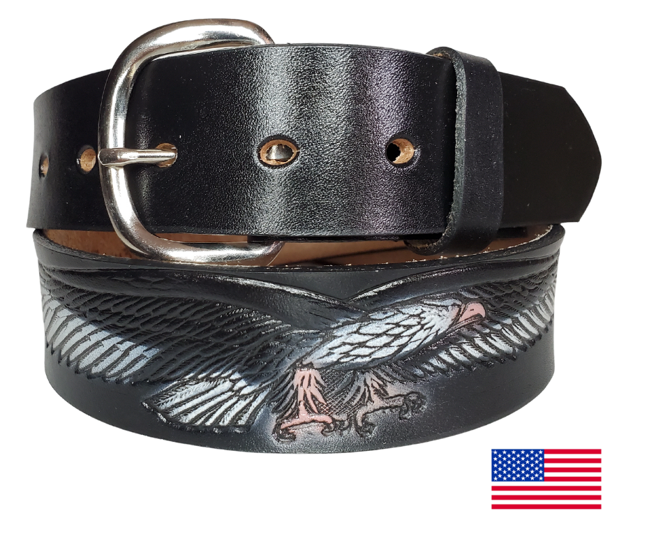 This USA made veg-tan leather belt is approx. 1/8" thick, 1 1/2"width with no fillers to split or rip apart. The belt features a Flying Eagle with a basket weave pattern on each side. The leather is comfortable from day one. Buckle is snapped on for easy buckle change. Colors may vary do to the manufacturing process. We don't make this belt but it's Buckle and Hide approved and still made in the USA. 