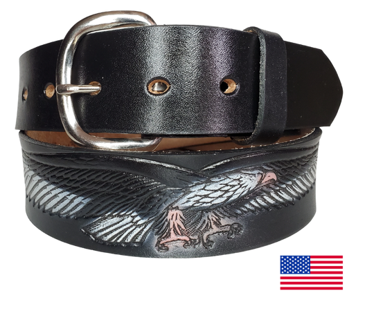 This USA made veg-tan leather belt is approx. 1/8" thick, 1 1/2"width with no fillers to split or rip apart. The belt features a Flying Eagle with a basket weave pattern on each side. The leather is comfortable from day one. Buckle is snapped on for easy buckle change. Colors may vary do to the manufacturing process. We don't make this belt but it's Buckle and Hide approved and still made in the USA. 