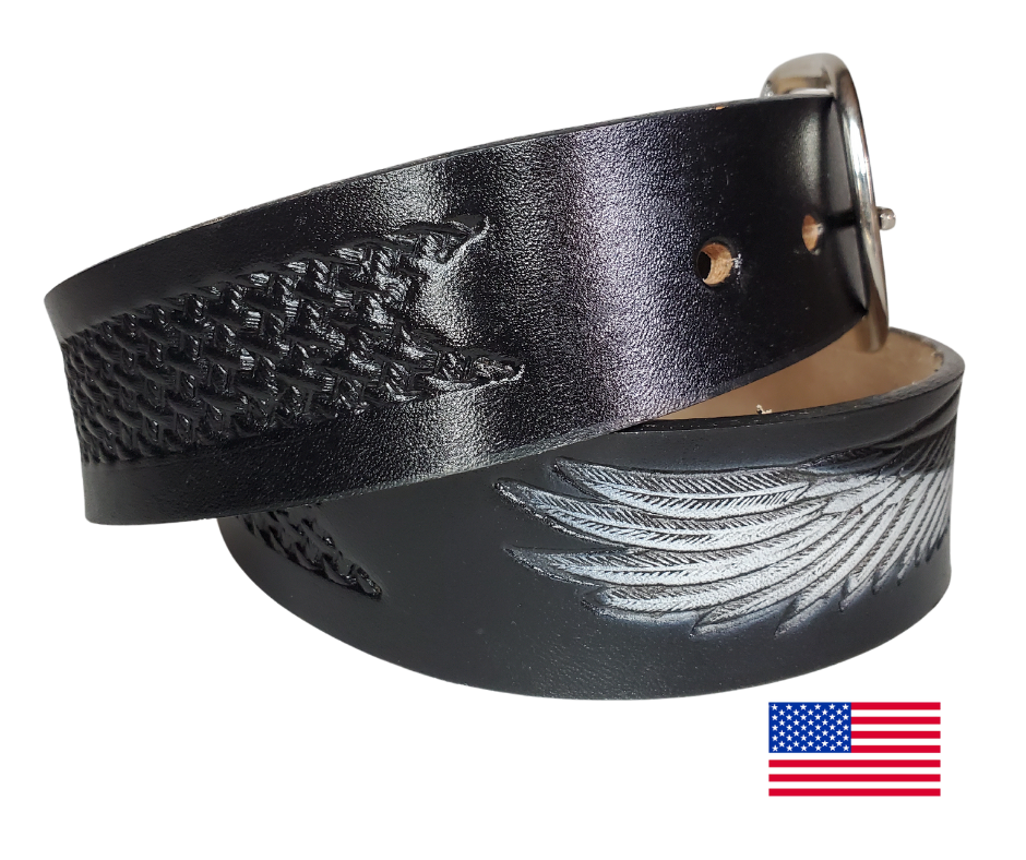 This USA made veg-tan leather belt is approx. 1/8" thick, 1 1/2"width with no fillers to split or rip apart. The belt features a Flying Eagle with a basket weave pattern on each side. The leather is comfortable from day one. Buckle is snapped on for easy buckle change. Colors may vary do to the manufacturing process. We don't make this belt but it's Buckle and Hide approved and still made in the USA. 