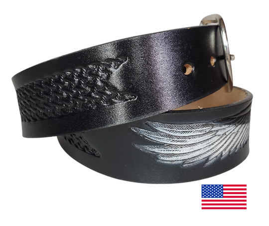 This USA made veg-tan leather belt is approx. 1/8" thick, 1 1/2"width with no fillers to split or rip apart. The belt features a Flying Eagle with a basket weave pattern on each side. The leather is comfortable from day one. Buckle is snapped on for easy buckle change. Colors may vary do to the manufacturing process. We don't make this belt but it's Buckle and Hide approved and still made in the USA. 