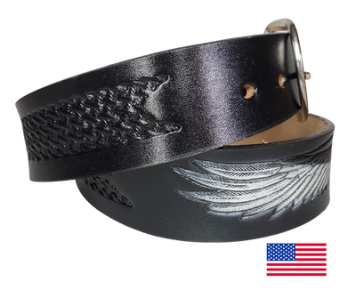 This USA made veg-tan leather belt is approx. 1/8" thick, 1 1/2"width with no fillers to split or rip apart. The belt features a Flying Eagle with a basket weave pattern on each side. The leather is comfortable from day one. Buckle is snapped on for easy buckle change. Colors may vary do to the manufacturing process. We don't make this belt but it's Buckle and Hide approved and still made in the USA. 