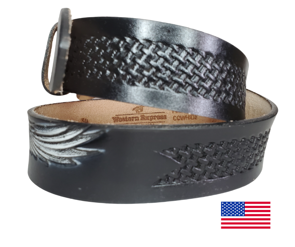 This USA made veg-tan leather belt is approx. 1/8" thick, 1 1/2"width with no fillers to split or rip apart. The belt features a Flying Eagle with a basket weave pattern on each side. The leather is comfortable from day one. Buckle is snapped on for easy buckle change. Colors may vary do to the manufacturing process. We don't make this belt but it's Buckle and Hide approved and still made in the USA. 
