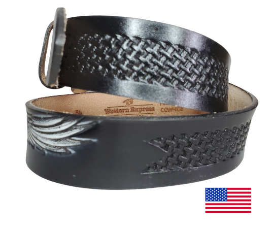 This USA made veg-tan leather belt is approx. 1/8" thick, 1 1/2"width with no fillers to split or rip apart. The belt features a Flying Eagle with a basket weave pattern on each side. The leather is comfortable from day one. Buckle is snapped on for easy buckle change. Colors may vary do to the manufacturing process. We don't make this belt but it's Buckle and Hide approved and still made in the USA. 