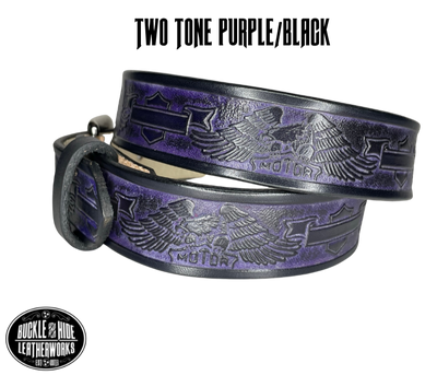 Easy Rider Deluxe is the same as our Easy Rider Brown but with COLOR added for your group or club, These do cost more because of the process and time for adding the colors. Two Tone Purple/Black. Made in our shop in Smyrna, TN, just outside of Nashville.