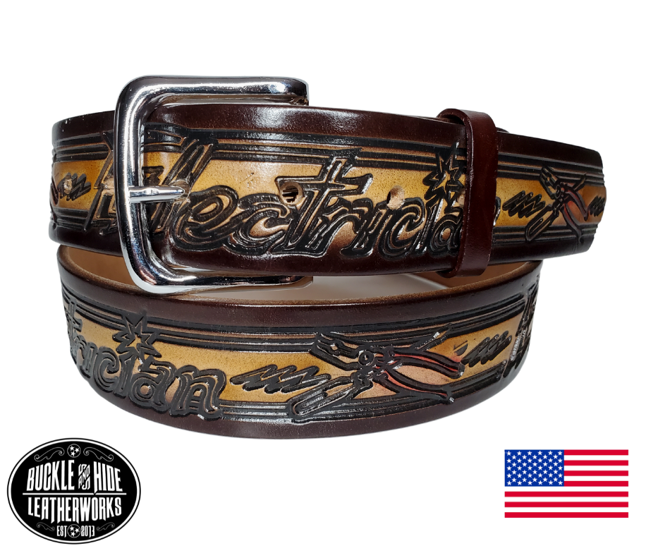 Our Trades belt/buckle is very similar to our own belts made in our shop.... the same type of Veg-Tan leather, same thickness, we just don't make them. These are less hand made using machines to speed up the process but still Buckle and Hide approved. This USA made veg-tan leather belt is approx. 1/8" thick, 1 1/2"width with no fillers to split or rip apart. The belt features Electrician tools such as pliers and screwdrivers around the entire belt. 