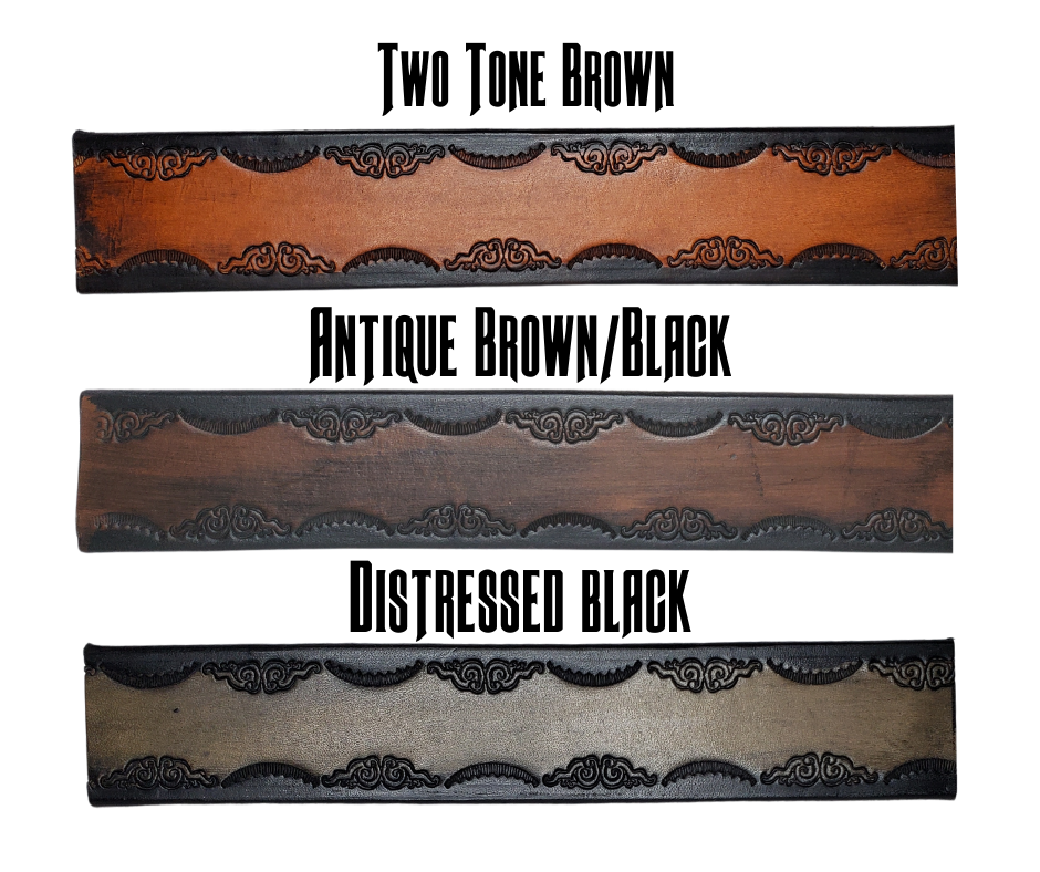 This real leather belt is handmade in our Smyrna, TN shop.  The process starts with a Veg-Tan Shoulder cowhide, which is cut into strips.  It is embossed and the edges are beveled.  The Antique Silver plated brass removable buckle is attached with snaps, you may add your own or purchase a theme buckle to personalize the look.  Please see sizing instructions to make sure you have the fit desired. 