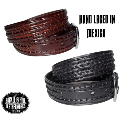 Use it for casual or dress. This belt is hand laced in three rows, one down the middle and one on each side down side. This is a Veg-Tan leather, same thickness, we just don't make them, but still Buckle and Hide approved. Complete with snaps to change the buckle if needed.  Made in Mexico. Available in our shop just outside Nashville in Smyrna, TN as well as online. 