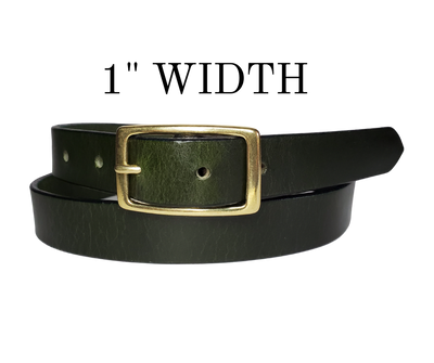 Our ladies 1" wide Deep Green buffalo water leather belt with snaps to easily change out buckle. Features a smoothed black burnished and a Solid Brass or Antique Nickle plate over Brass buckle. This belt has a softer feel than some of our Name style belts but still durable. Available online or for purchase at our shop just outside Nashville in Smyrna, TN.  We create each belt to have 7 holes at 1 inch apart. Your chosen size will be the center hole.