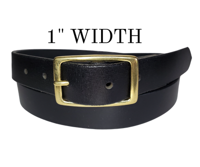 Our ladies 1" wide Solid Black buffalo water leather belt with snaps to easily change out buckle. Features a smoothed black burnished and a Solid Brass or Antique Nickle plate over Brass buckle. This belt has a softer feel than some of our Name style belts but still durable. Available online or for purchase at our shop just outside Nashville in Smyrna, TN.  We create each belt to have 7 holes at 1 inch apart. Your chosen size will be the center hole.
