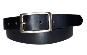 Our ladies 1" wide Solid Black buffalo water leather belt with snaps to easily change out buckle. Features a smoothed black burnished and a Solid Brass or Antique Nickle plate over Brass buckle. This belt has a softer feel than some of our Name style belts but still durable. Available online or for purchase at our shop just outside Nashville in Smyrna, TN.  We create each belt to have 7 holes at 1 inch apart. Your chosen size will be the center hole.