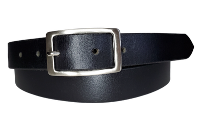 Our ladies 1" wide Solid Black buffalo water leather belt with snaps to easily change out buckle. Features a smoothed black burnished and a Solid Brass or Antique Nickle plate over Brass buckle. This belt has a softer feel than some of our Name style belts but still durable. Available online or for purchase at our shop just outside Nashville in Smyrna, TN.  We create each belt to have 7 holes at 1 inch apart. Your chosen size will be the center hole.
