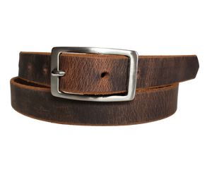 Our ladies 1" wide Distressed Brown buffalo water leather belt with snaps to easily change out buckle. Features a smoothed black burnished and a Solid Brass or Antique Nickle plate over Brass buckle. This belt has a softer feel than some of our Name style belts but still durable. Available online or for purchase at our shop just outside Nashville in Smyrna, TN.  We create each belt to have 7 holes at 1 inch apart. Your chosen size will be the center hole.