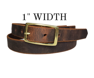 Our ladies 1" wide Distressed Brown buffalo water leather belt with snaps to easily change out buckle. Features a smoothed black burnished and a Solid Brass or Antique Nickle plate over Brass buckle. This belt has a softer feel than some of our Name style belts but still durable. Available online or for purchase at our shop just outside Nashville in Smyrna, TN.  We create each belt to have 7 holes at 1 inch apart. Your chosen size will be the center hole.
