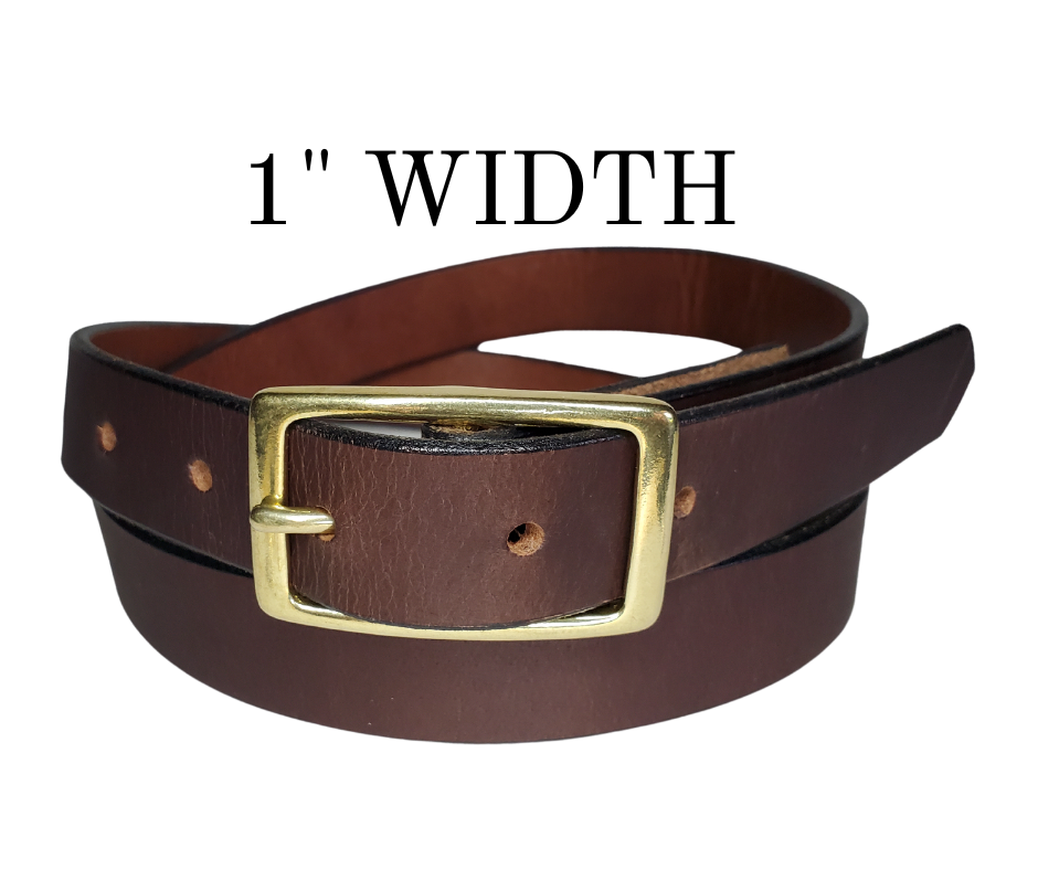 Our ladies 1" wide Chocolate brown buffalo water leather belt with snaps to easily change out buckle. Features a smoothed black burnished and a Solid Brass or Antique Nickle plate over Brass buckle. This belt has a softer feel than some of our Name style belts but still durable. Available online or for purchase at our shop just outside Nashville in Smyrna, TN.  We create each belt to have 7 holes at 1 inch apart. Your chosen size will be the center hole.