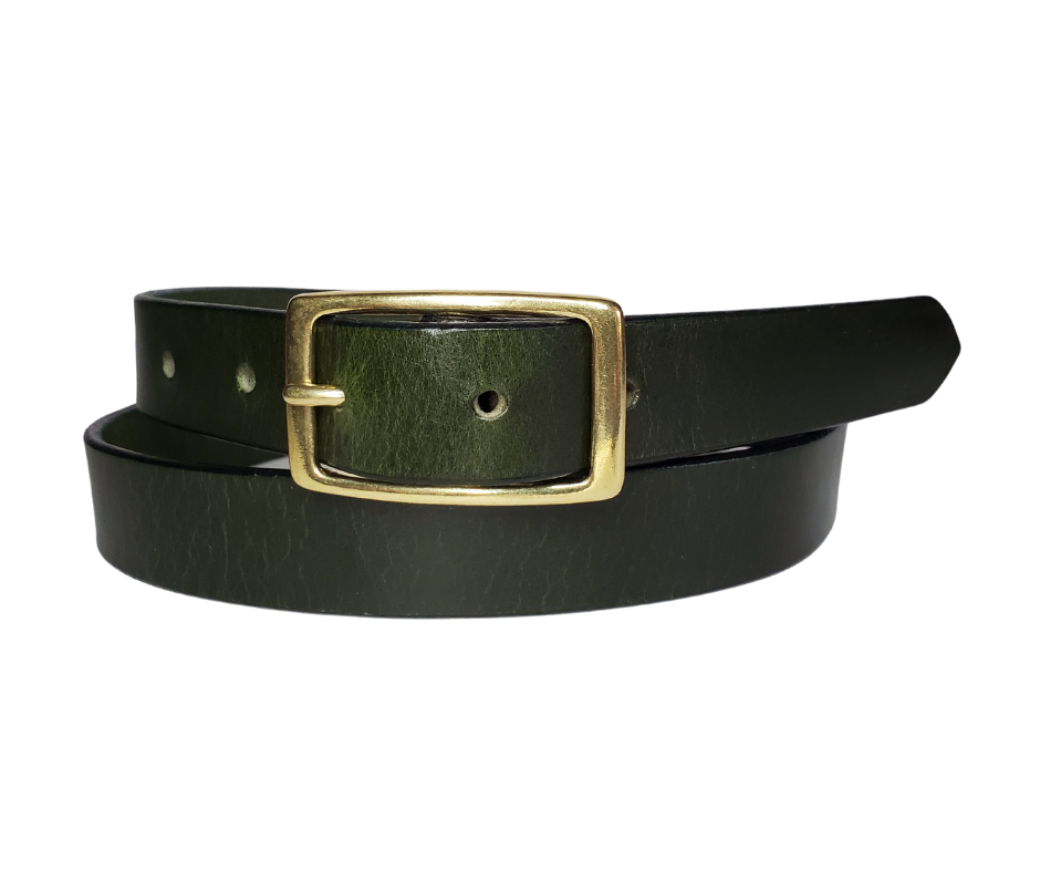 Our ladies 1" wide Deep Green buffalo water leather belt with snaps to easily change out buckle. Features a smoothed black burnished and a Solid Brass or Antique Nickle plate over Brass buckle. This belt has a softer feel than some of our Name style belts but still durable. Available online or for purchase at our shop just outside Nashville in Smyrna, TN.  We create each belt to have 7 holes at 1 inch apart. Your chosen size will be the center hole.