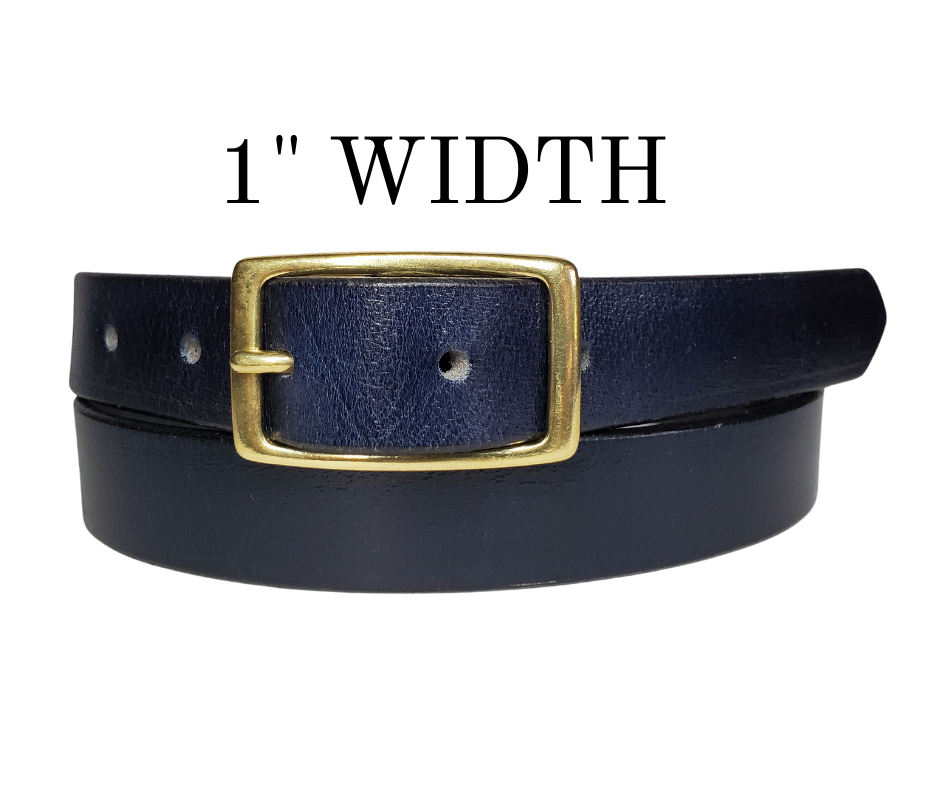 Our ladies 1" wide Deep Navy Blue buffalo water leather belt with snaps to easily change out buckle. Features a smoothed black burnished and a Solid Brass or Antique Nickle plate over Brass buckle. This belt has a softer feel than some of our Name style belts but still durable. Available online or for purchase at our shop just outside Nashville in Smyrna, TN.