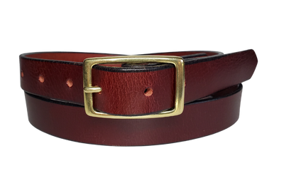 Our ladies 1" wide Deep Burgundy buffalo water leather belt with snaps to easily change out buckle. Features a smoothed black burnished and a Solid Brass or Antique Nickle plate over Brass buckle. This belt has a softer feel than some of our Name style belts but still durable. Available online or for purchase at our shop just outside Nashville in Smyrna, TN.  We create each belt to have 7 holes at 1 inch apart. Your chosen size will be the center hole.