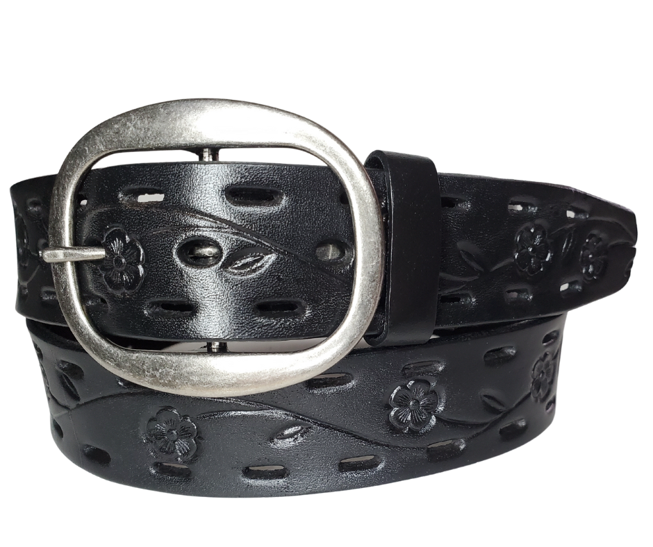 The Florido is constructed from vegetable-tanned cowhide, embossed with a Flower Vine design and equipped with ornamental oval-shaped holes along its 1 1/2" width. This belt comes with an Antique Silver oval center bar buckle that can also be changed by simply unsnapping the existing buckle. Available both online and in-store at our shop located in Smyrna, TN, just outside Nashville.