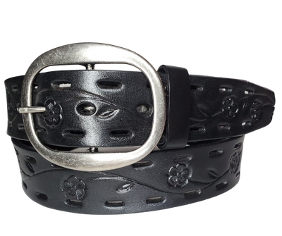 The Florido is constructed from vegetable-tanned cowhide, embossed with a Flower Vine design and equipped with ornamental oval-shaped holes along its 1 1/2" width. This belt comes with an Antique Silver oval center bar buckle that can also be changed by simply unsnapping the existing buckle. Available both online and in-store at our shop located in Smyrna, TN, just outside Nashville.