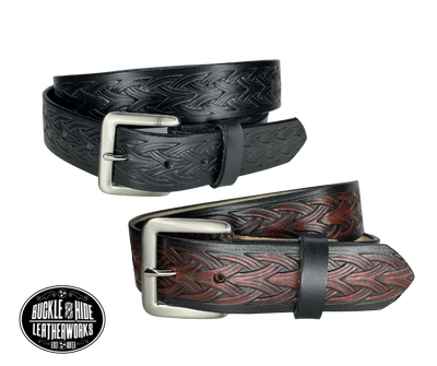 The Boro handmade all leather belt is made from a single strip of Veg-Tan cowhide that is a hand finished Veg-tan that is 9-10 oz., or approx. 1/8" thick.  It has a unique Weave embossed design that is never out of style!  The antique nickel plated solid brass buckle is snapped in place. This belt is made just outside Nashville in Smyrna, TN. Perfect for casual and dress wear, it can be for personal use or for groomsman gifts or other gifts as well.                 