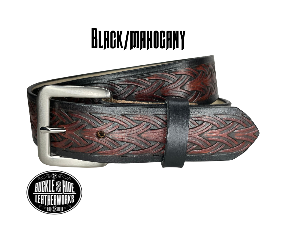The Boro handmade all leather belt is made from a single strip of Veg-Tan cowhide that is a hand finished Veg-tan that is 9-10 oz., or approx. 1/8" thick.  It has a unique Weave embossed design that is never out of style!  The antique nickel plated solid brass buckle is snapped in place. This belt is made just outside Nashville in Smyrna, TN. Perfect for casual and dress wear, it can be for personal use or for groomsman gifts or other gifts as well.                 
