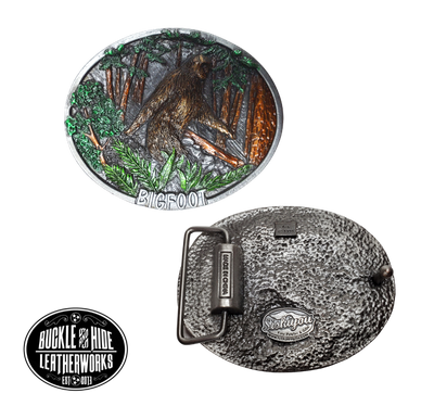 This buckle is for the Bigfoot observers. The mystical sightings and sounds, all the TV shows.  DO YOU BELIEVE? The buckle has the famous video pose from Patterson-Gimlin film right on the front all on a oval shaped buckle. This pewter belt buckle that may be attached to your belt.  Fits 1 1/2" belts, Size 3-1/2" x 2-3/4. Available in our shop just outside Nashville in Smyrna, TN.
