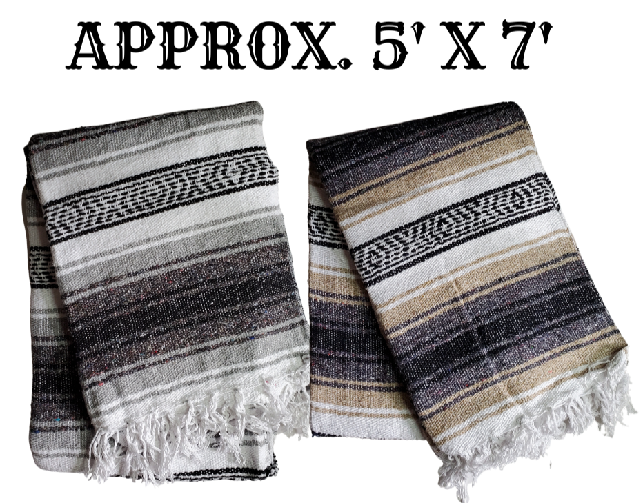 Mexican Falsa Blanket. A classic that's been around for years, great for a couch throw, or snuggling up with your significant other to watch a movie on a cool evening. Works well to wrap up on your motorcycle in a leather wrap too. Made in Mexico from acrylic yarn. Available at our Smyrna, TN shop only.  Aprrox. Size 5' x 7'
