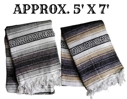 Mexican Falsa Blanket. A classic that's been around for years, great for a couch throw, or snuggling up with your significant other to watch a movie on a cool evening. Works well to wrap up on your motorcycle in a leather wrap too. Made in Mexico from acrylic yarn. Available at our Smyrna, TN shop only.  Aprrox. Size 5' x 7'