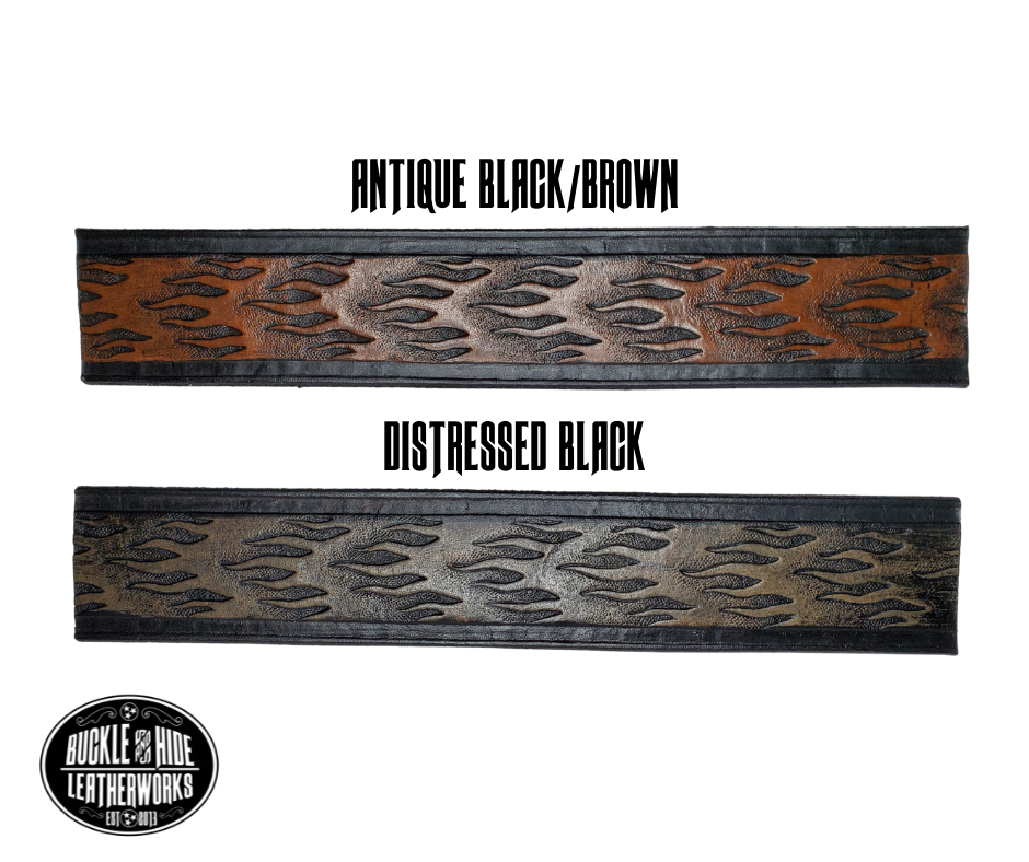 "The Blaze" is a handmade real leather belt made from a single strip of cowhide shoulder leather that is 8-10 oz. or approx. 1/8" thick. It has hand burnished (smoothed) edges and a FIRE/FLAME pattern. This belt is completely HAND dyed with a multi step finishing technic. The antique nickel plated solid brass buckle is snapped in place with heavy snaps.  This belt is made just outside Nashville in Smyrna, TN.