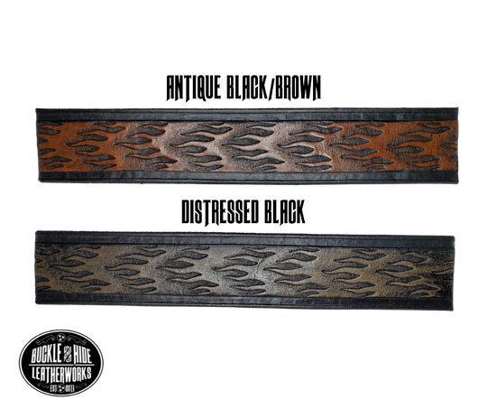 "The Blaze" is a handmade real leather belt made from a single strip of cowhide shoulder leather that is 8-10 oz. or approx. 1/8" thick. It has hand burnished (smoothed) edges and a FIRE/FLAME pattern. This belt is completely HAND dyed with a multi step finishing technic. The antique nickel plated solid brass buckle is snapped in place with heavy snaps.  This belt is made just outside Nashville in Smyrna, TN.