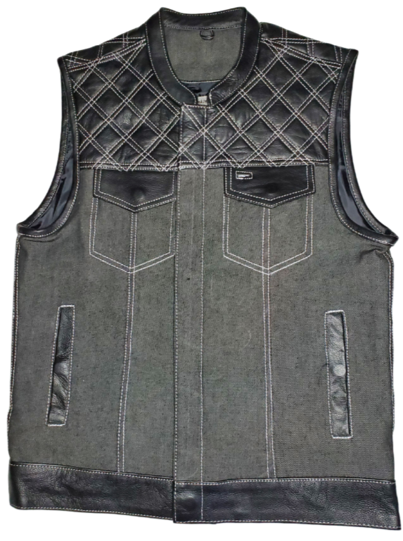 Premium Black leather/denim club style vest with CONTRASTED WHITE STITCHING. The lining is black. Vest is made from premium naked cowhide leather and denim. It has a tab style collar and front snap closure. It has a solid panel back.  Available for purchase in our shop in Smyrna, TN outside of Nashville.  Available in sizes small through 5x.  It has 6 inside front pockets including a conceal carry pocket on each side. 