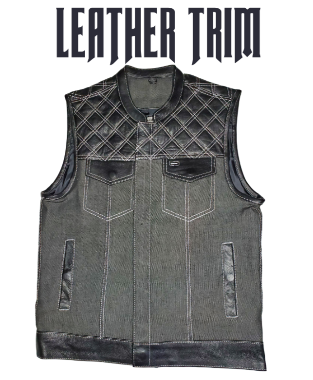 Premium Black leather/denim club style vest with CONTRASTED WHITE STITCHING. The lining is black. Vest is made from premium naked cowhide leather and denim. It has a tab style collar and front snap closure. It has a solid panel back.  Available for purchase in our shop in Smyrna, TN outside of Nashville.  Available in sizes small through 5x.  It has 6 inside front pockets including a conceal carry pocket on each side. 