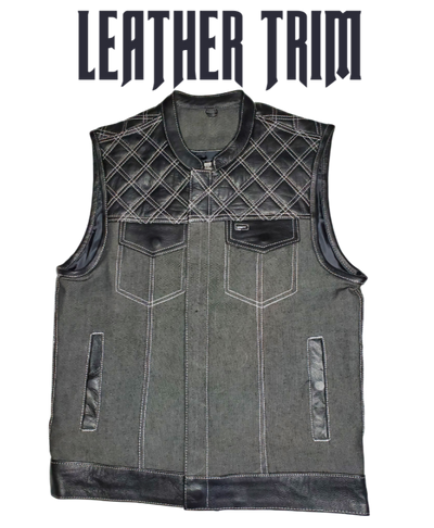 Premium Black leather/denim club style vest with CONTRASTED WHITE STITCHING. The lining is black. Vest is made from premium naked cowhide leather and denim. It has a tab style collar and front snap closure. It has a solid panel back.  Available for purchase in our shop in Smyrna, TN outside of Nashville.  Available in sizes small through 5x.  It has 6 inside front pockets including a conceal carry pocket on each side. 