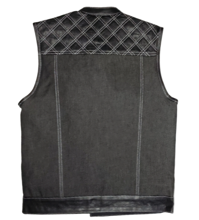 Premium Black leather/denim club style vest with CONTRASTED WHITE STITCHING. The lining is black. Vest is made from premium naked cowhide leather and denim. It has a tab style collar and front snap closure. It has a solid panel back.  Available for purchase in our shop in Smyrna, TN outside of Nashville.  Available in sizes small through 5x.  It has 6 inside front pockets including a conceal carry pocket on each side. 